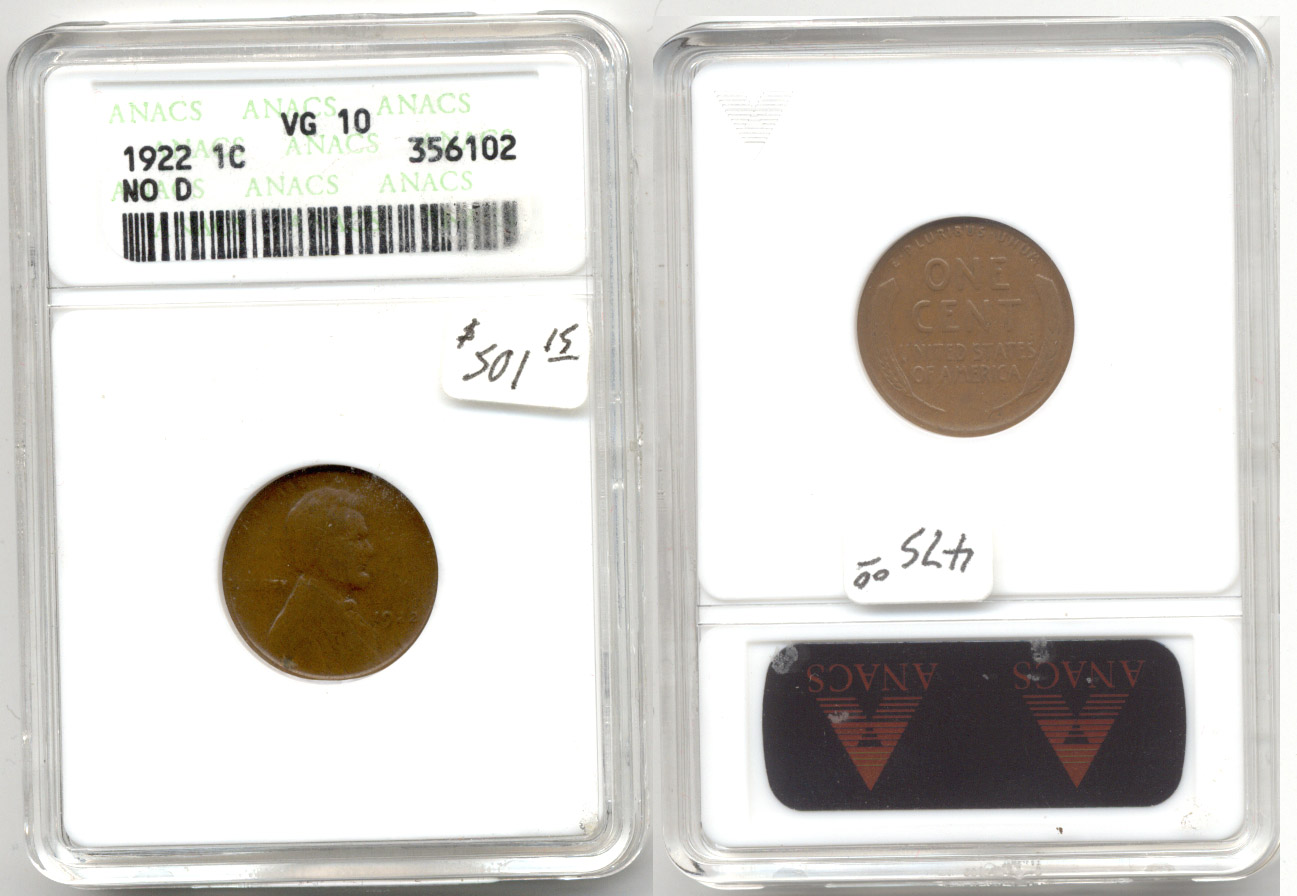 1922 No D Lincoln Cent ANACS VG-10