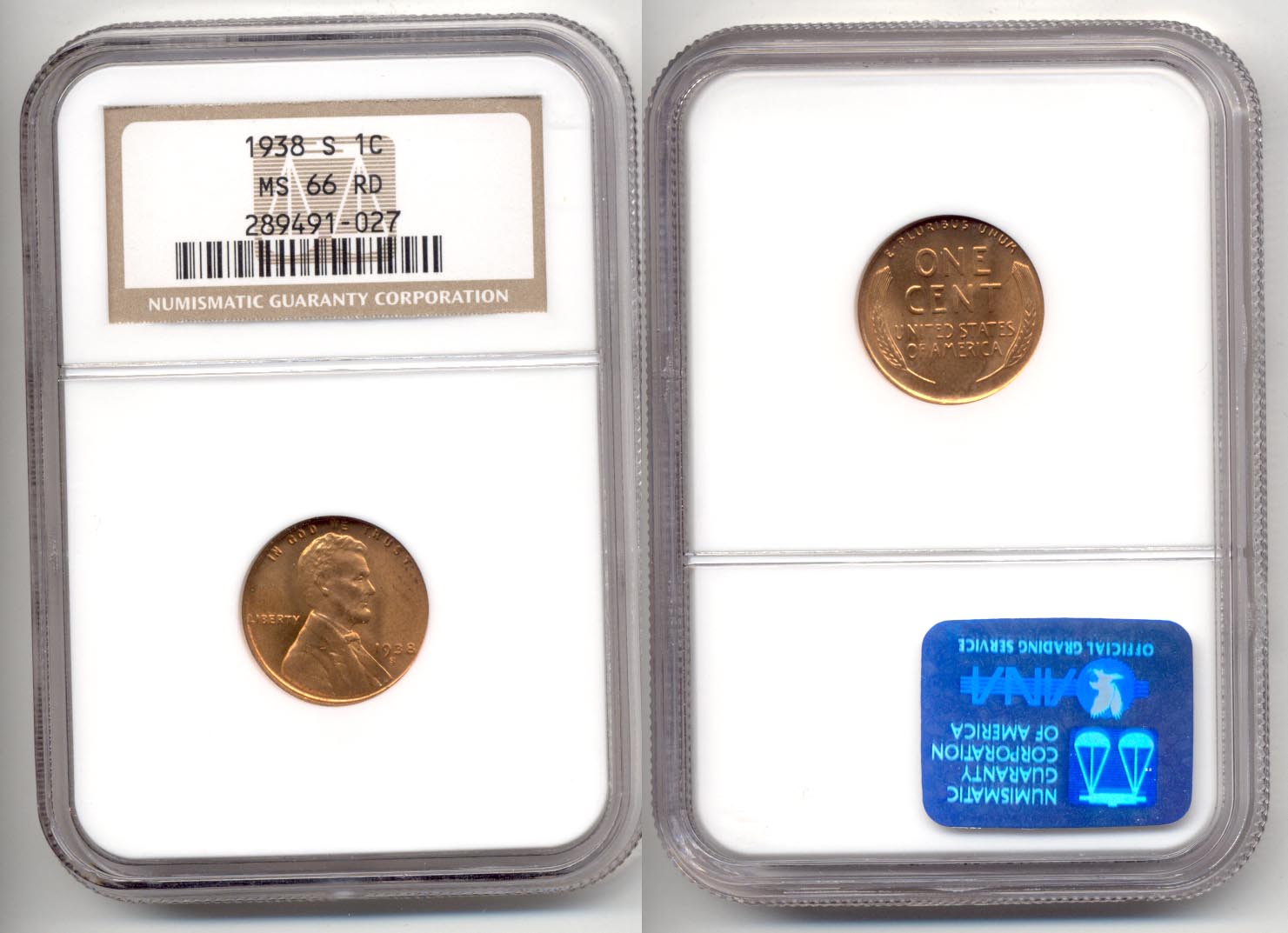 1938-S Lincoln Cent NGC MS-66 Red b