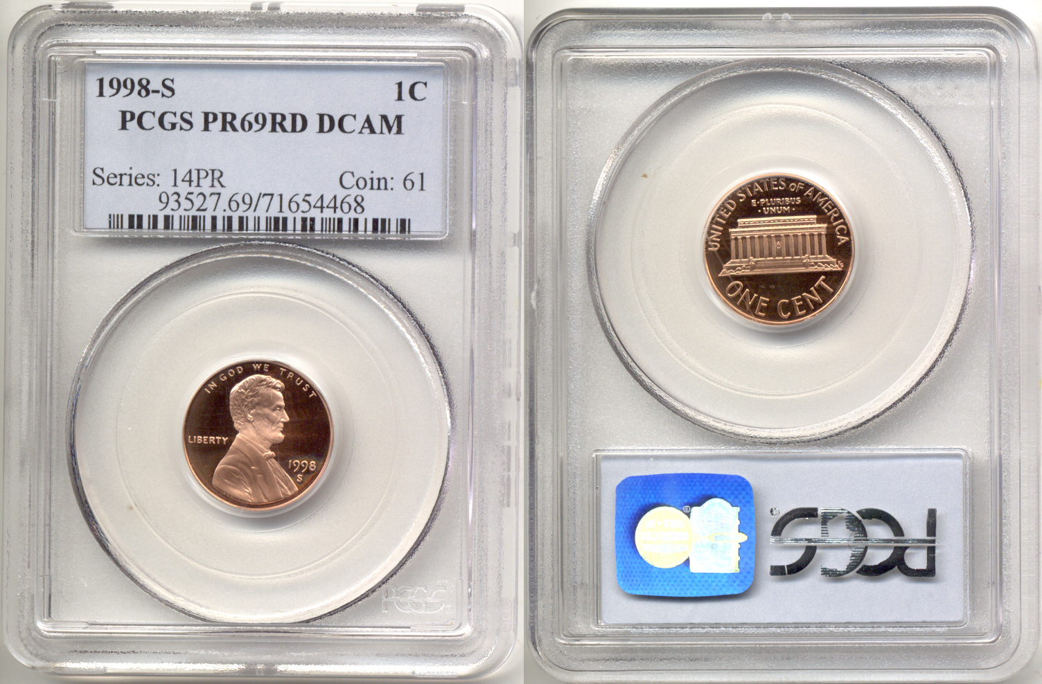 1998-S Lincoln Cent PCGS Proof-69 Red Deep Cameo