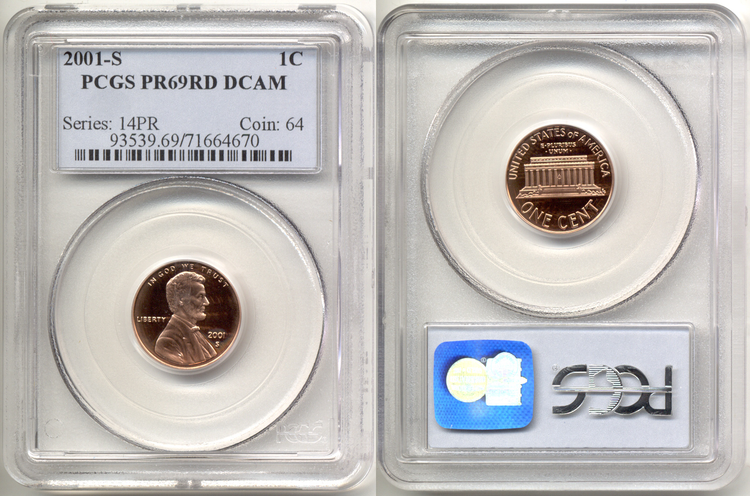 2001-S Lincoln Cent PCGS Proof-69 Red Deep Cameo