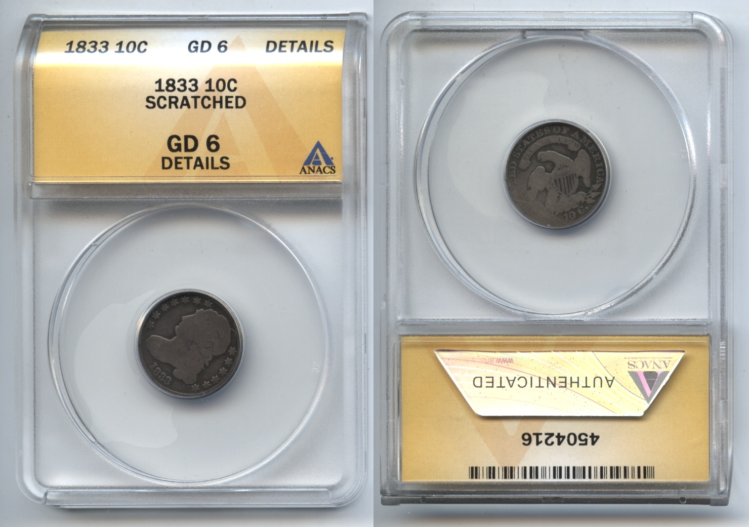 1833 Capped Bust Dime ANACS Good-6 Scratched