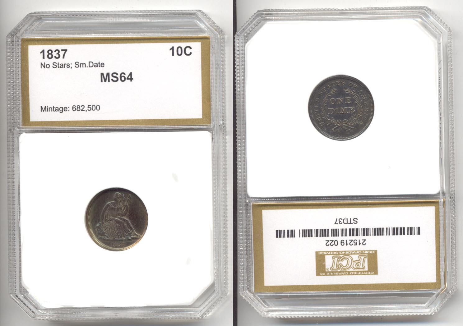 1837 No Stars Seated Liberty Dime PCI MS-64