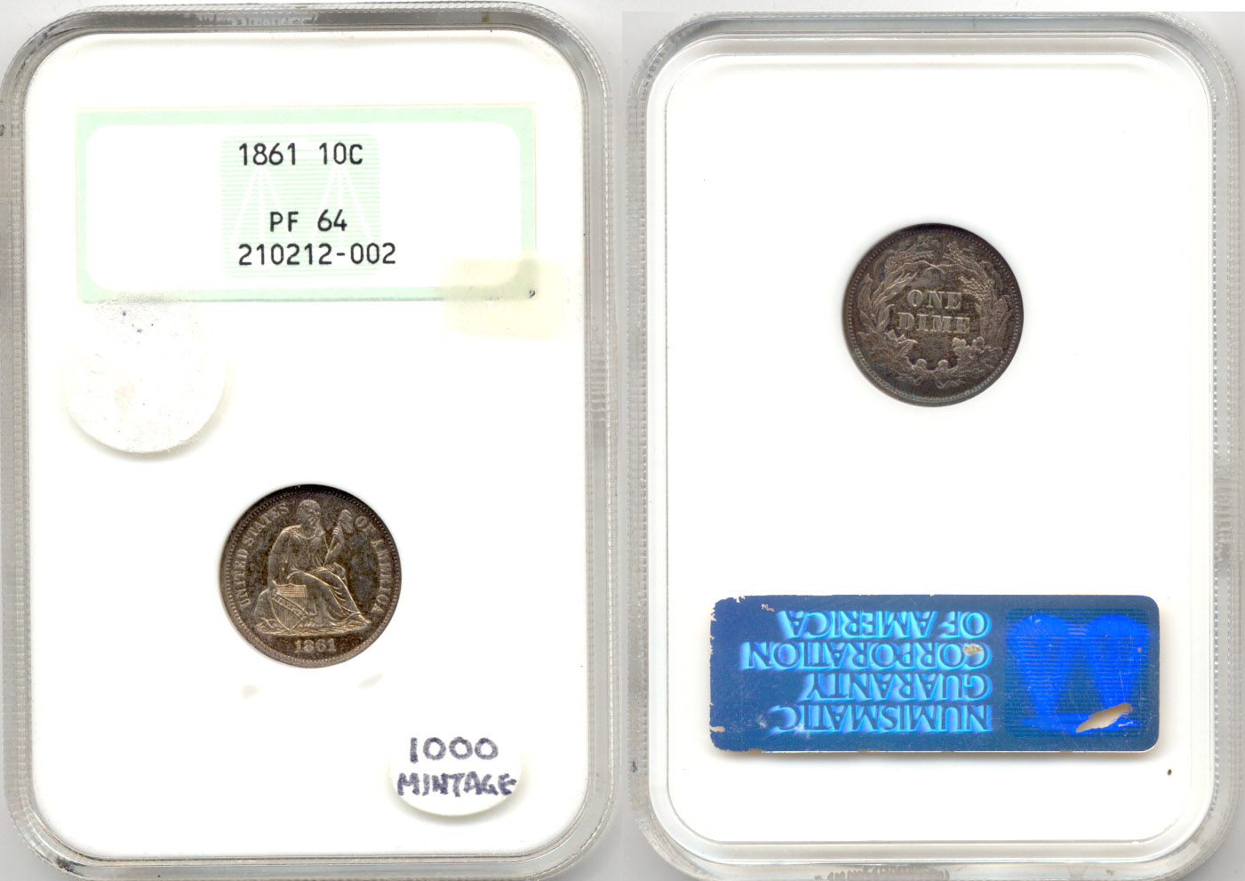 1861 Seated Liberty Dime in NGC Proof-64