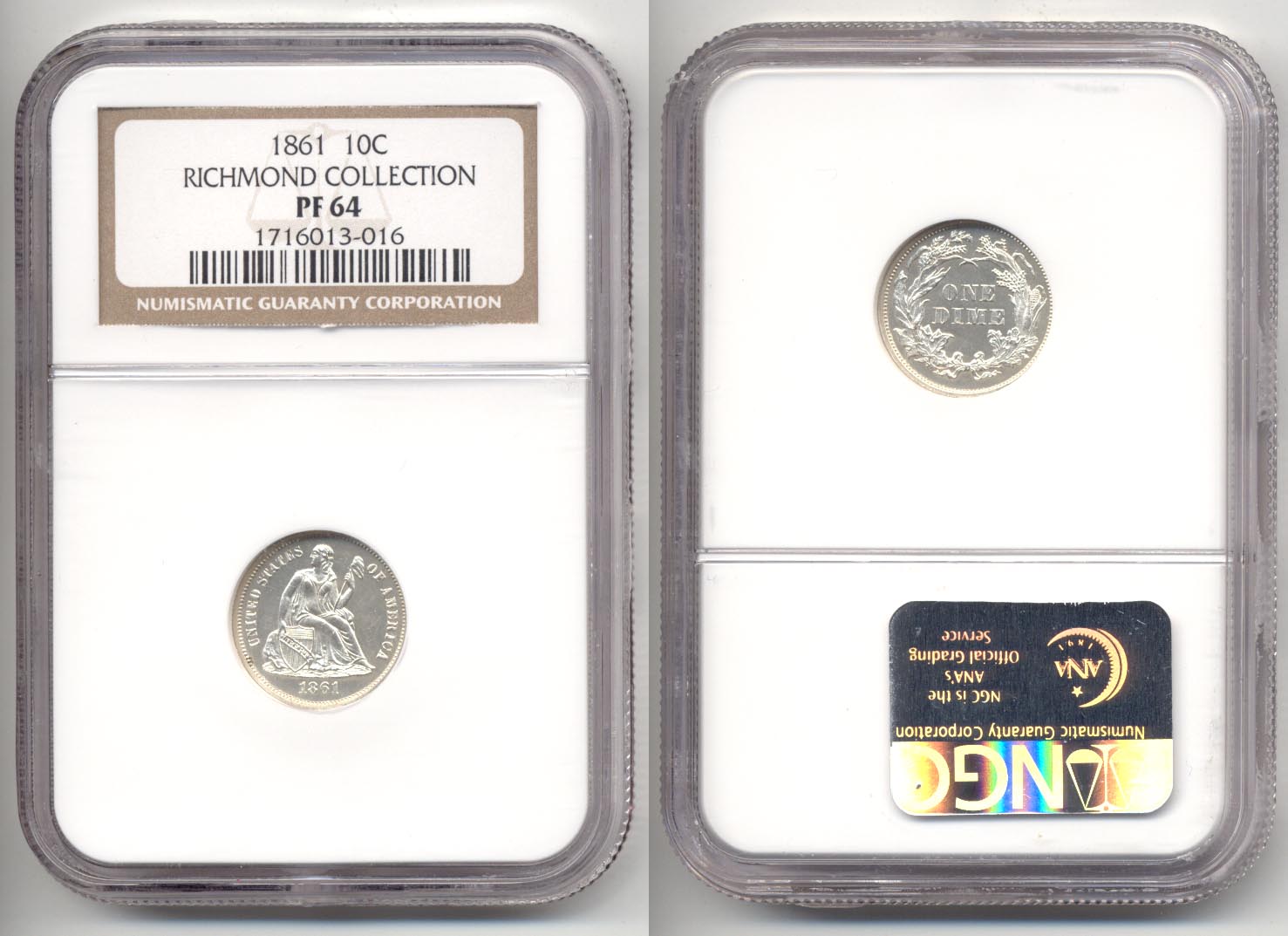 1861 Seated Liberty Dime in NGC Proof-64 a