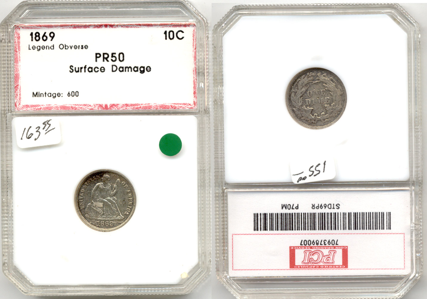 1869 Seated Liberty Dime PCI Proof-50