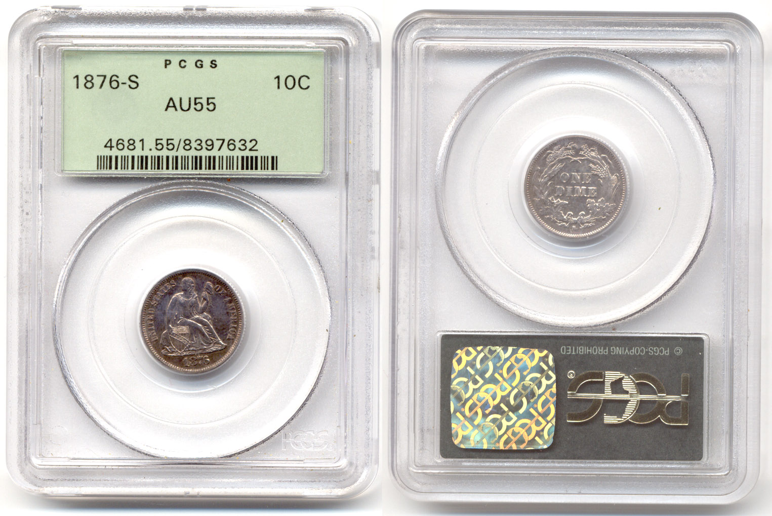 1876-S Seated Liberty Dime PCGS AU-55