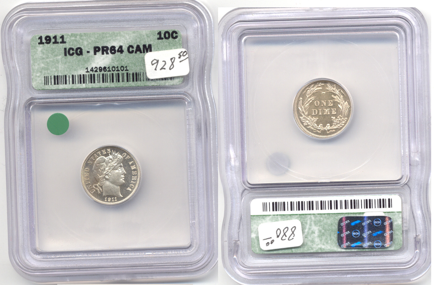 1911 Barber Dime ICG Cameo Proof-64