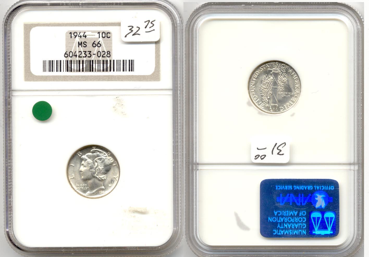 1944 Mercury Dime NGC MS-66