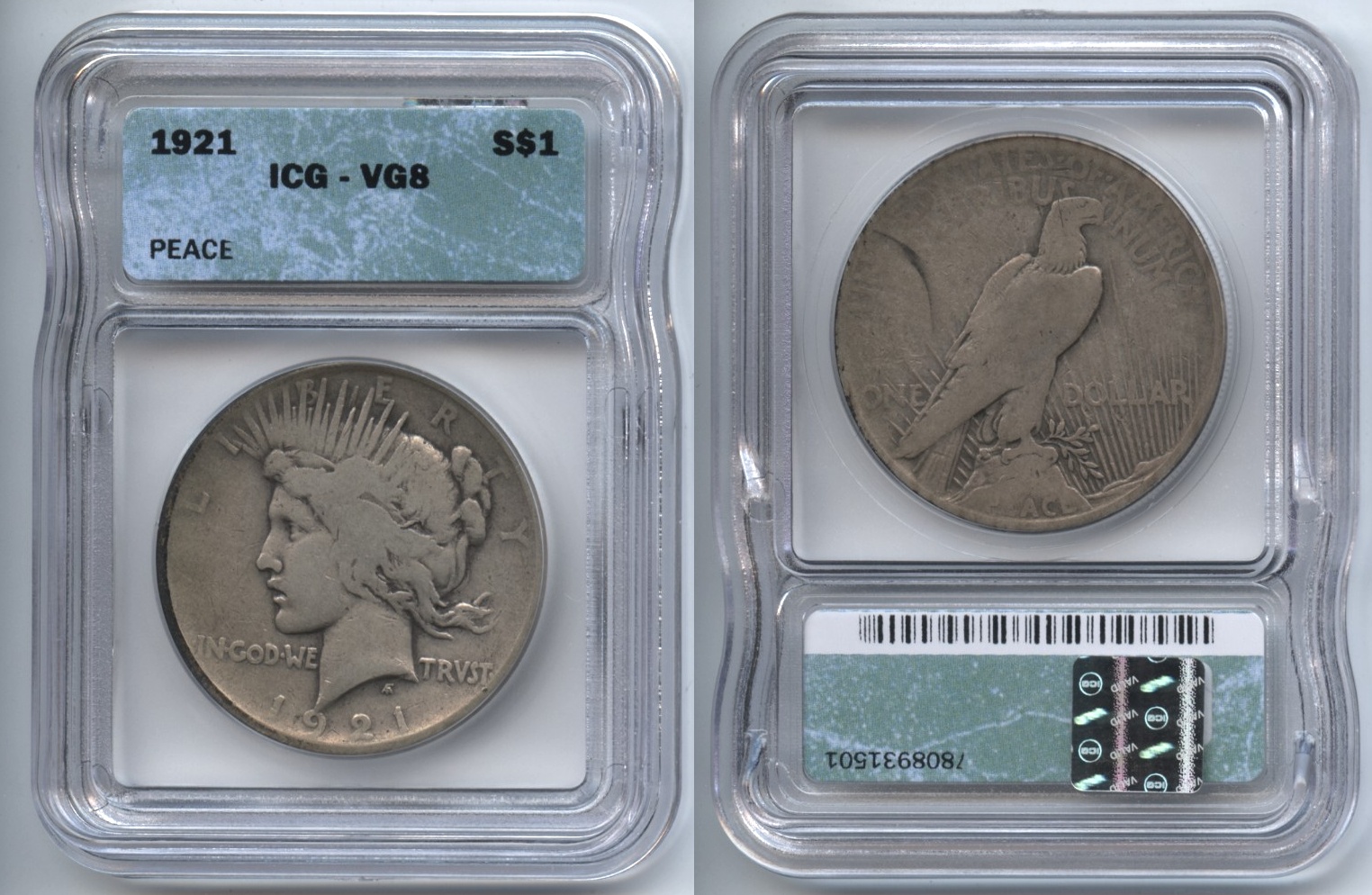 1921 Peace Silver Dollar ICG VG-8