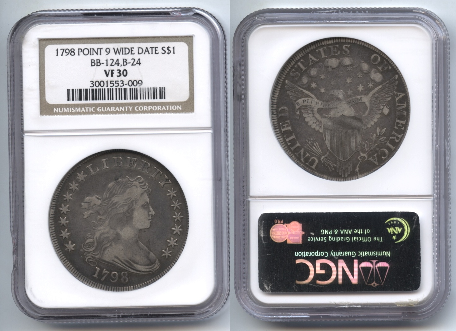 1798 Draped Bust Large Eagle Silver Dollar Pointed 9, Wide Date, BB-124, B-24 ANACS VF-30