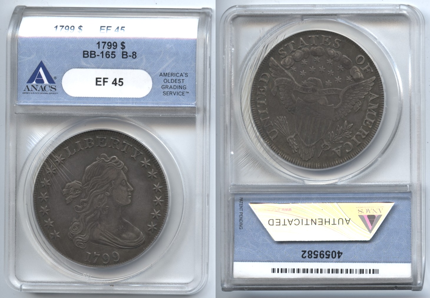 1799 Draped Bust Large Eagle Silver Dollar ANACS EF-45