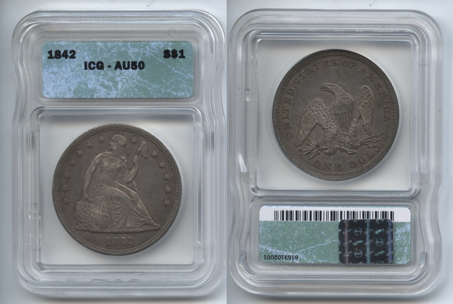 1842 Seated Liberty Silver Dollar ICG AU-50