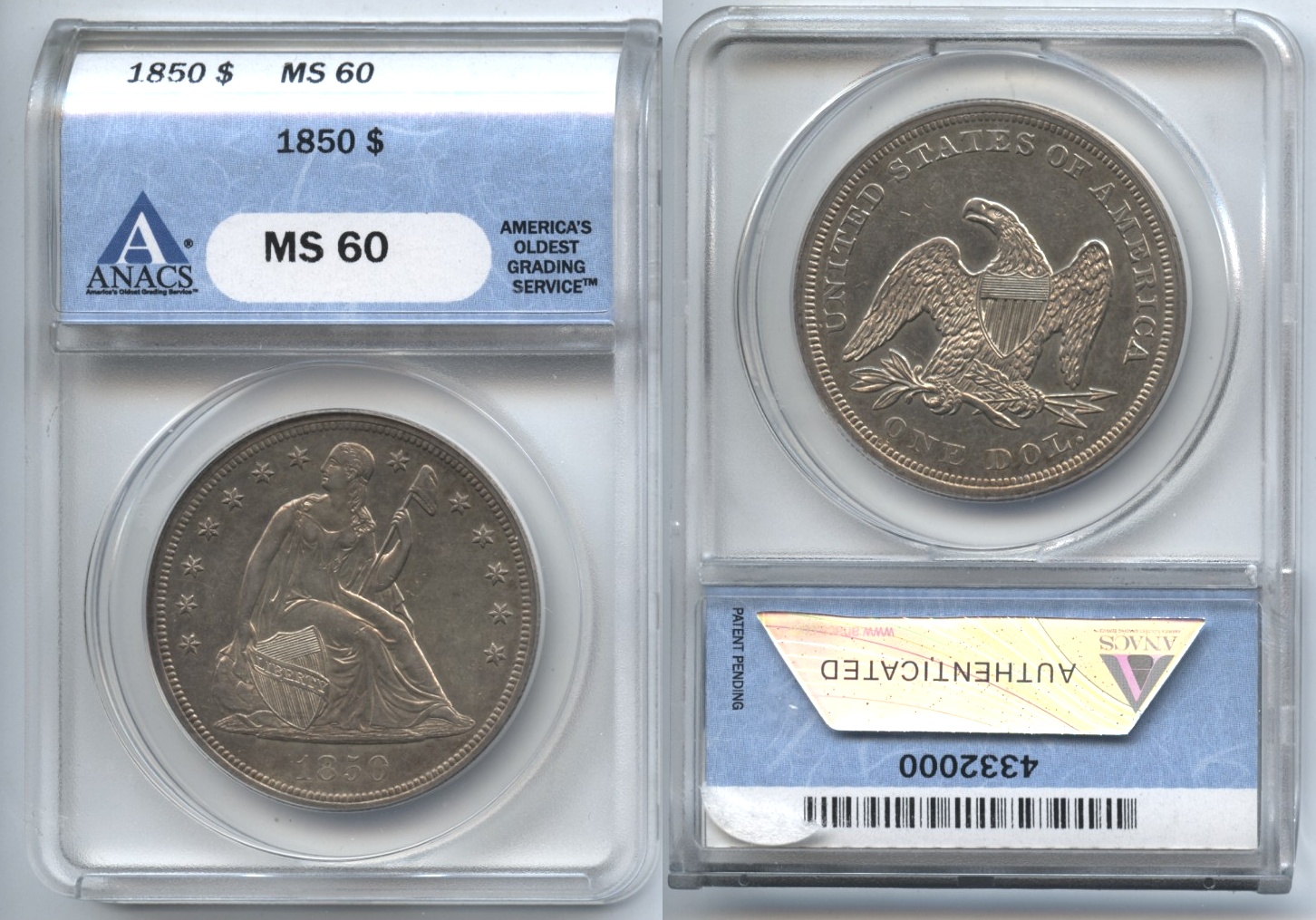 1850 Seated Liberty Silver Dollar ANACS MS-60