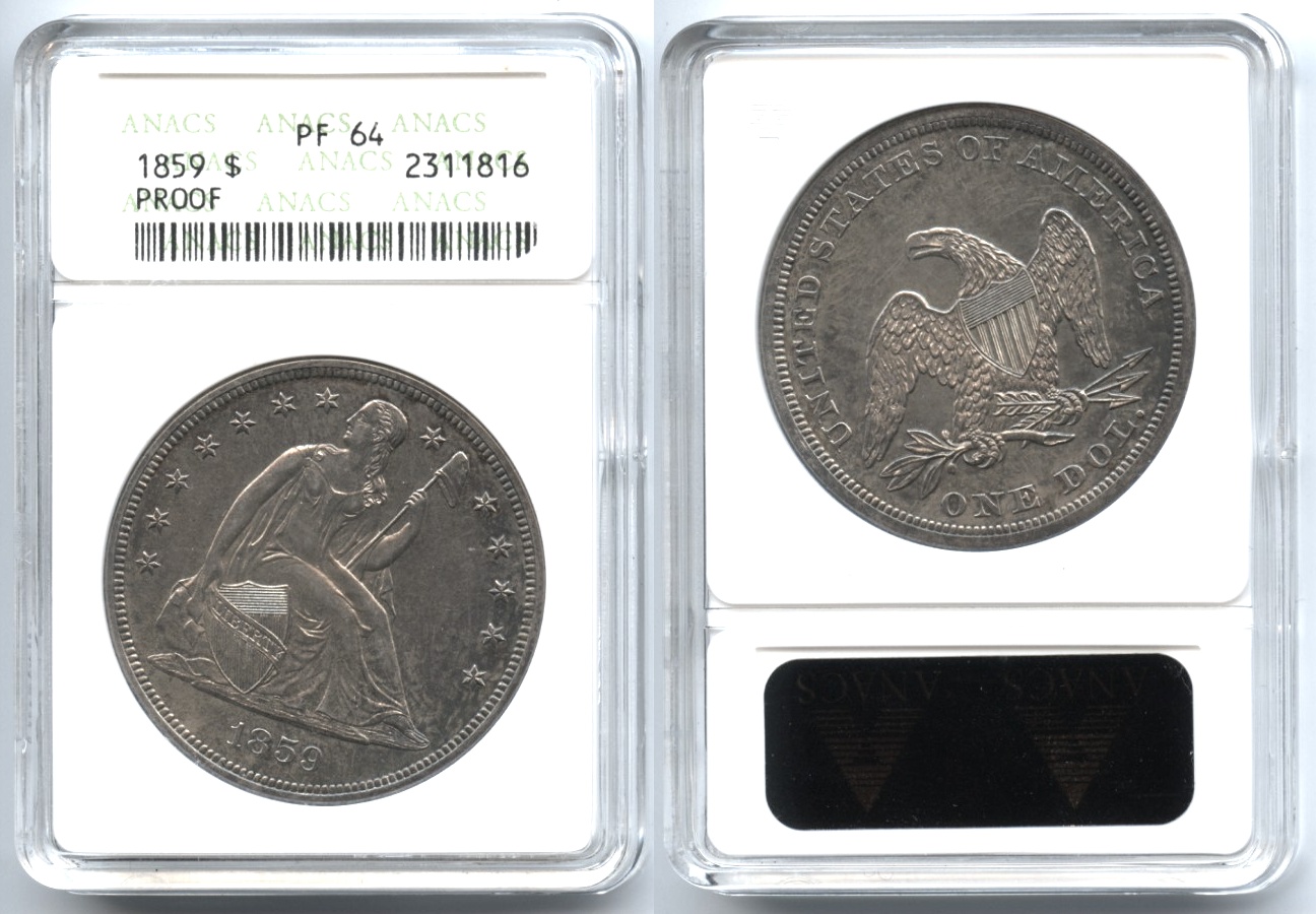 1859 Seated Liberty Silver Dollar ANACS Proof-64