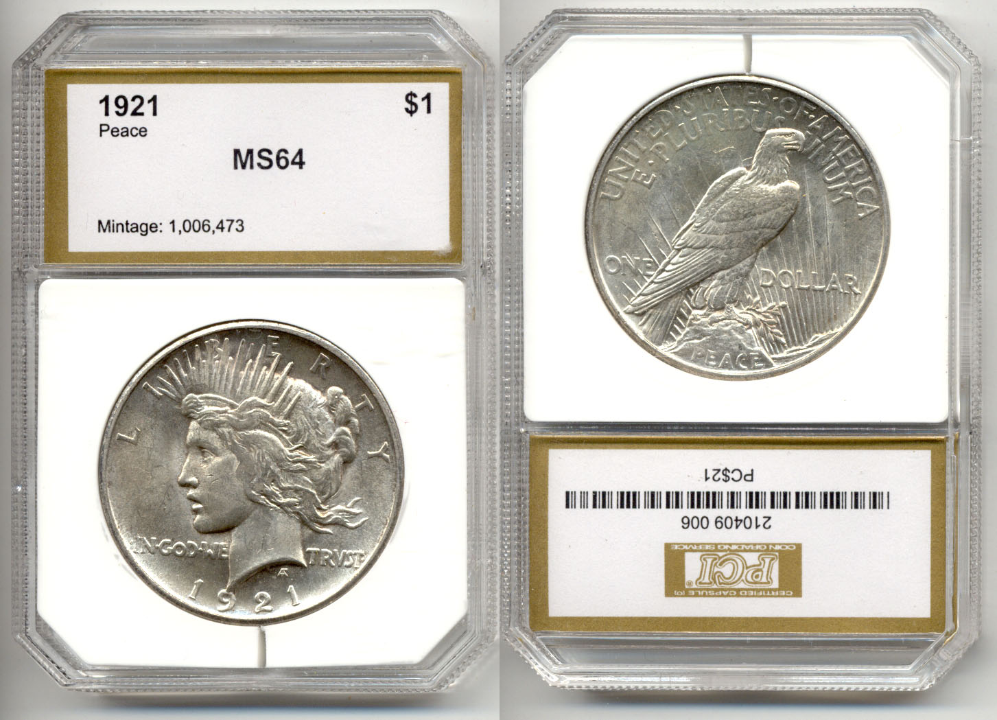 1921 Peace Silver Dollar in PCI MS-64