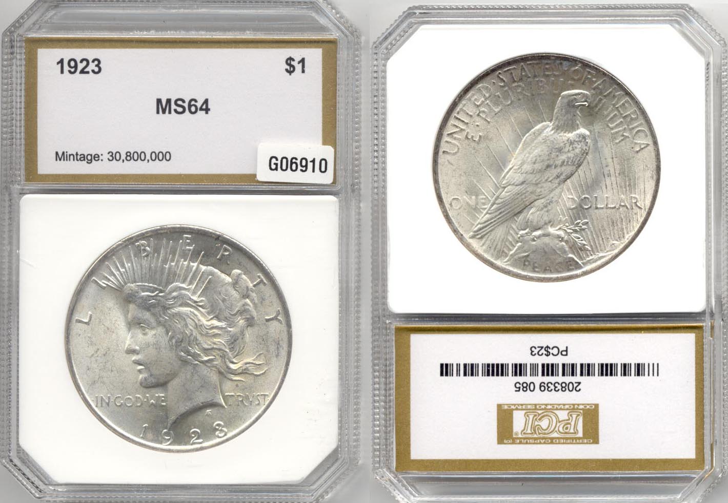 1923 Peace Silver Dollar PCI MS-64