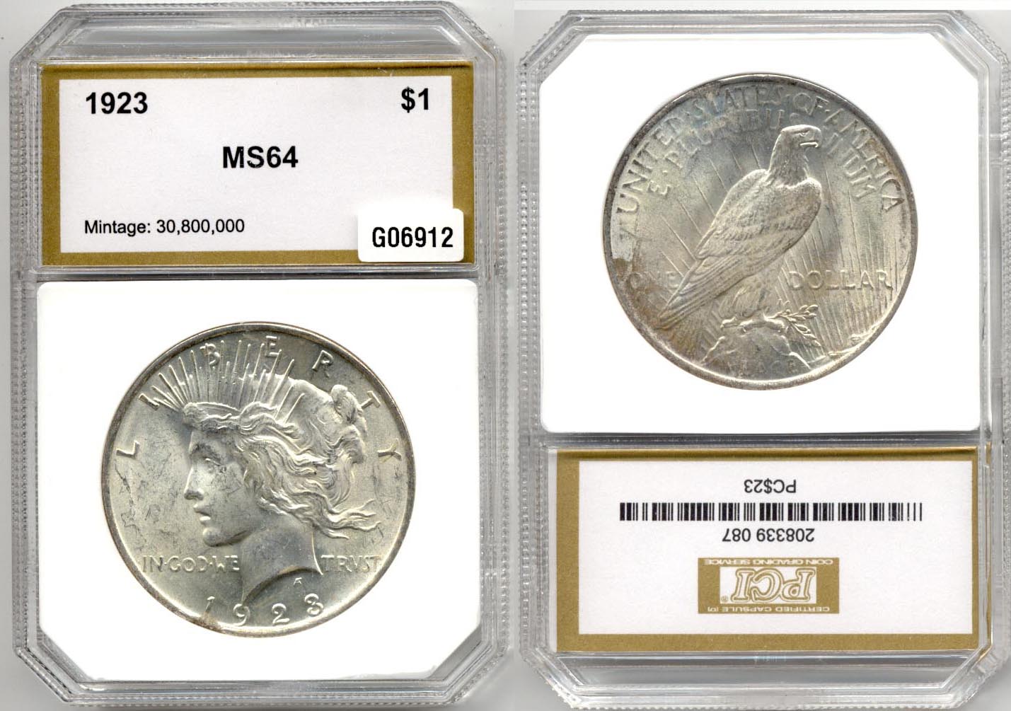 1923 Peace Silver Dollar PCI MS-64 b