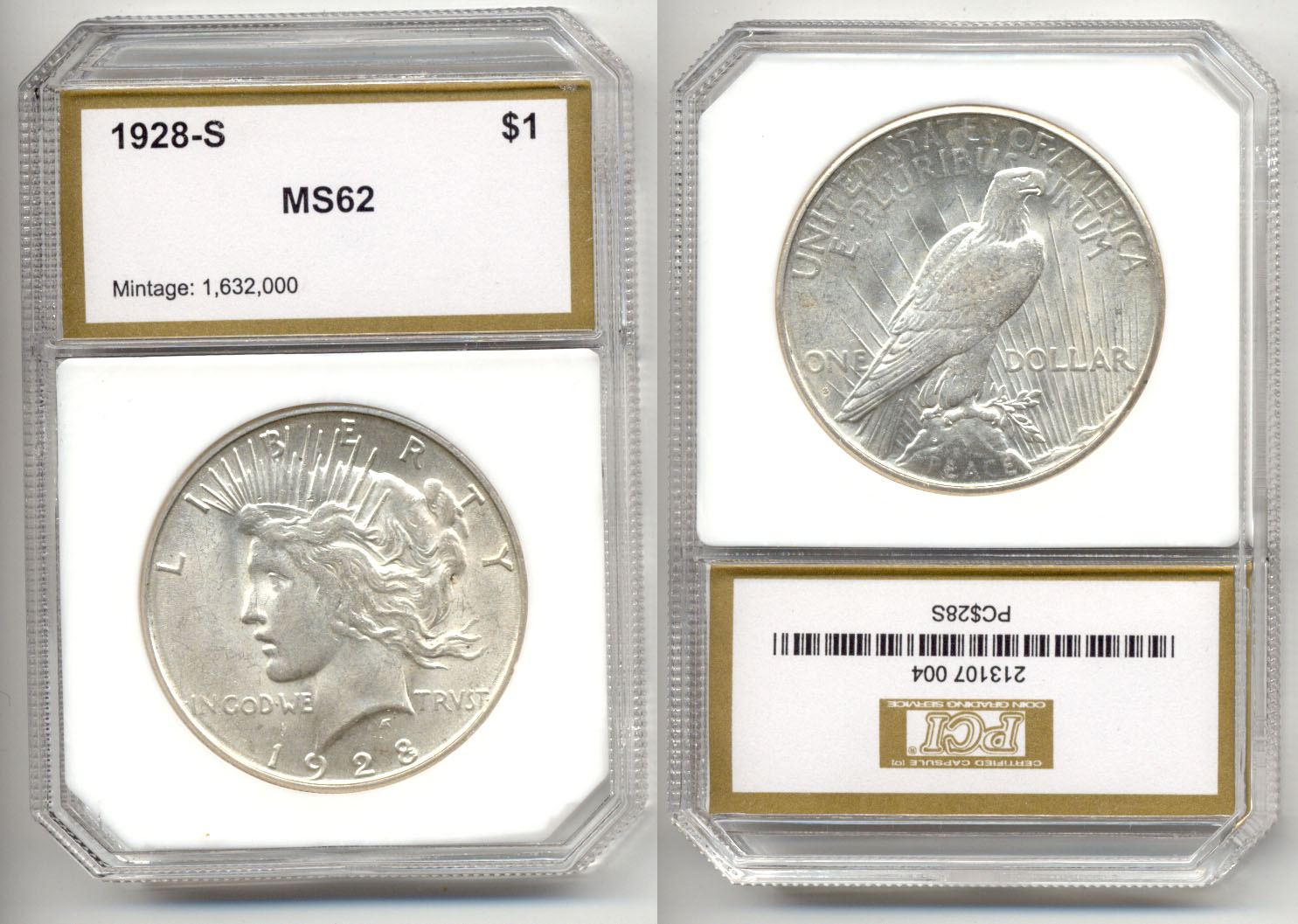 1928-S Peace Silver Dollar in PCI MS-62