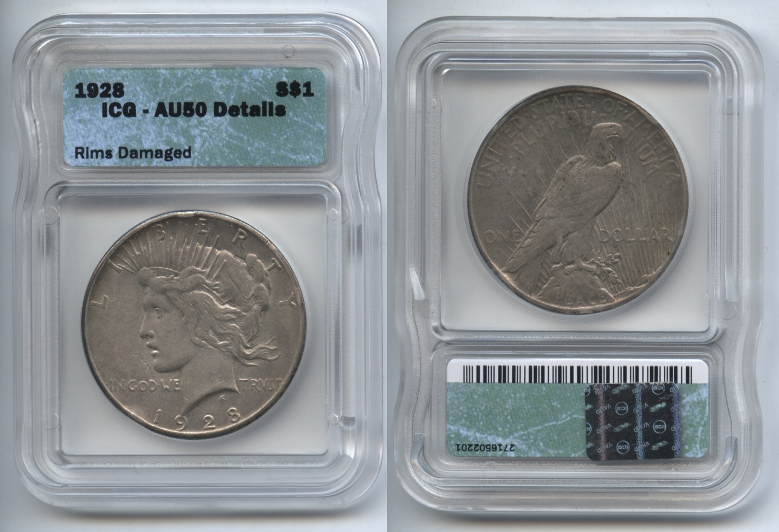 1928 Peace Silver Dollar ICG AU-50 Details