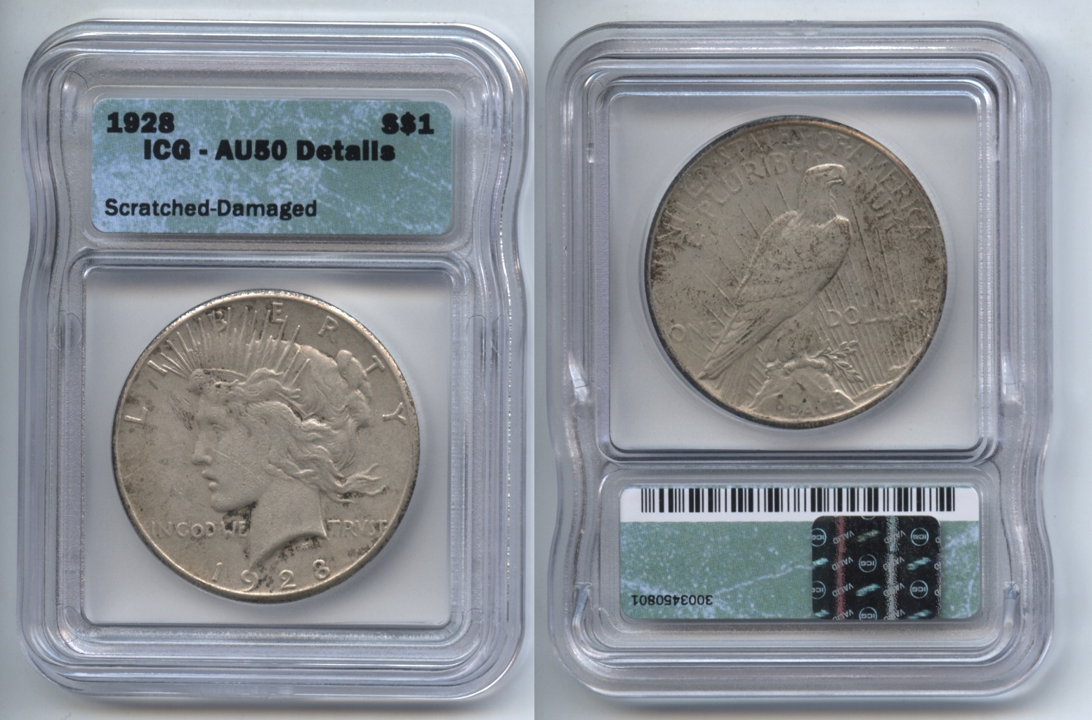1928 Peace Silver Dollar ICG AU-50 Details #a
