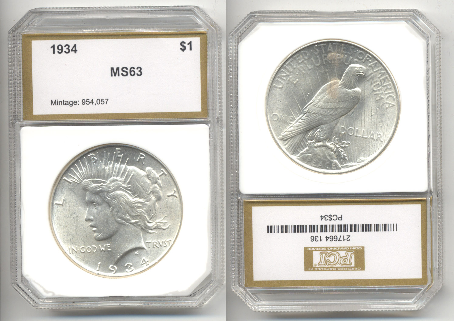 1934 Peace Silver Dollar PCI MS-63