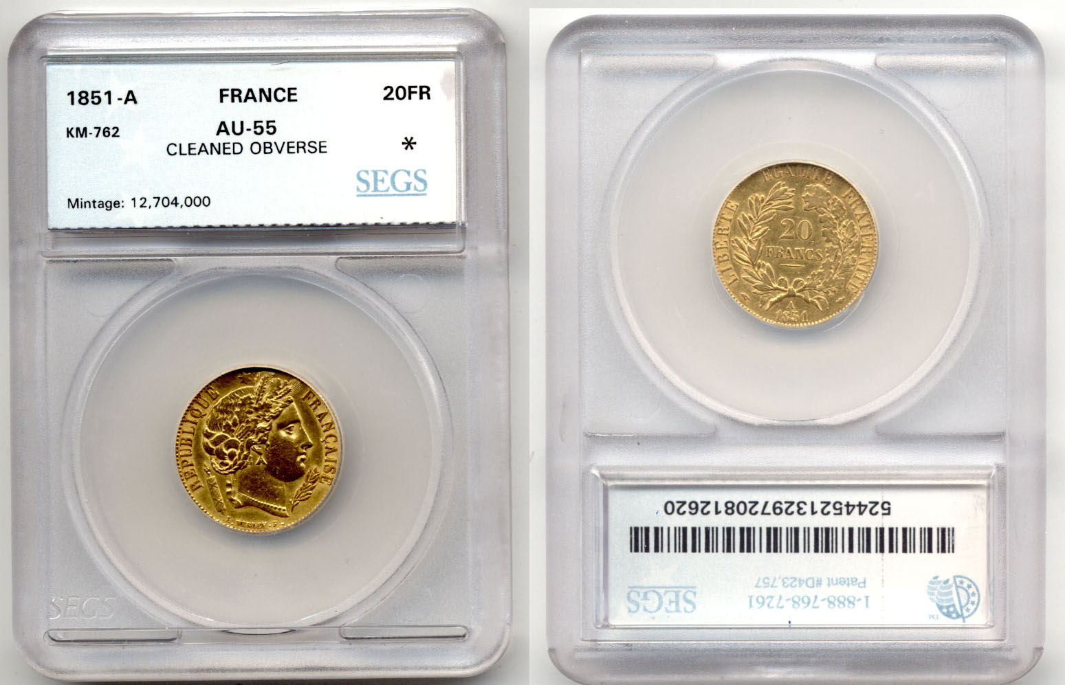 1851-A France 20 Francs SEGS AU-55