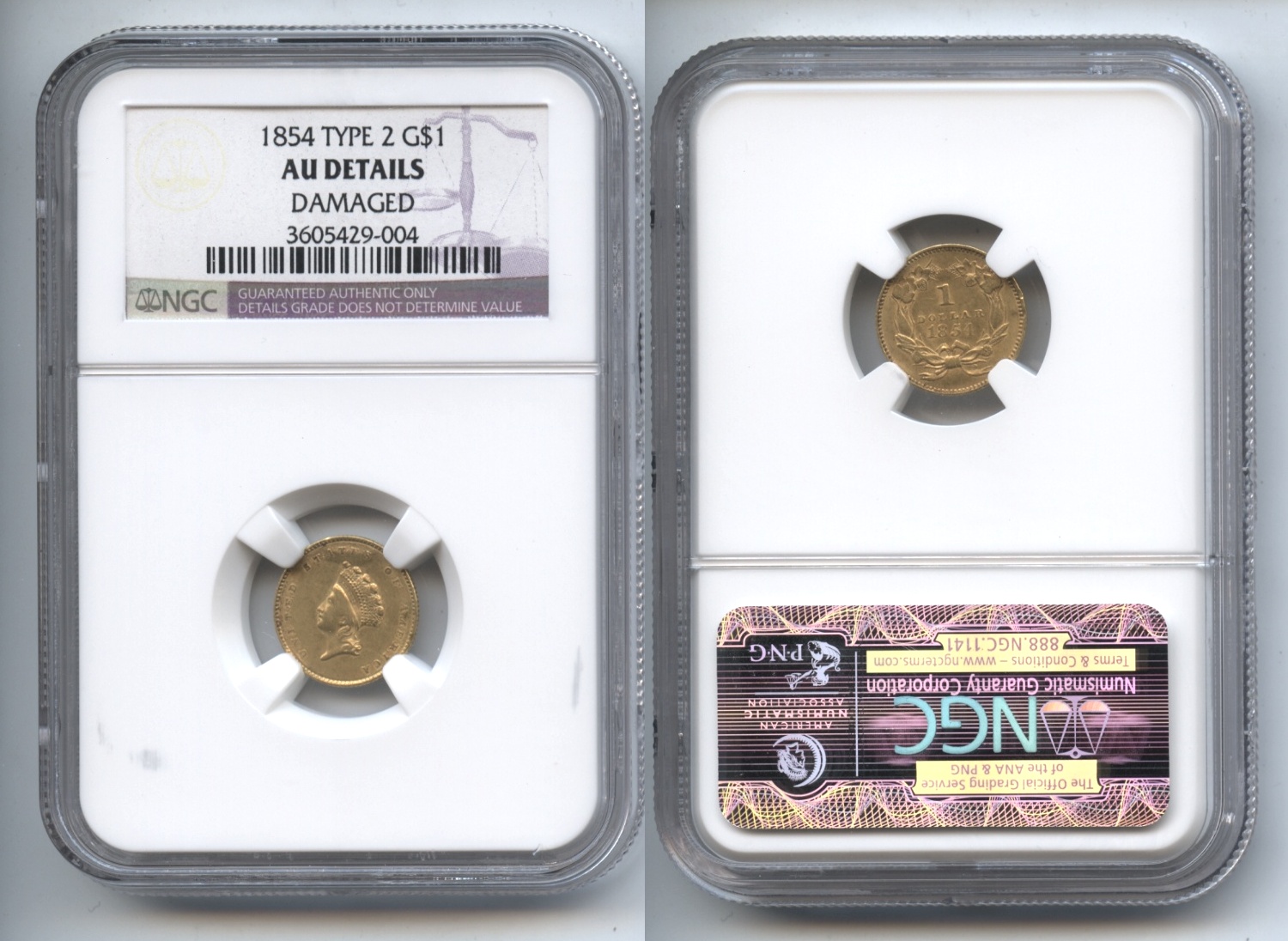 1854 Type II Gold Dollar NGC AU-50 Details