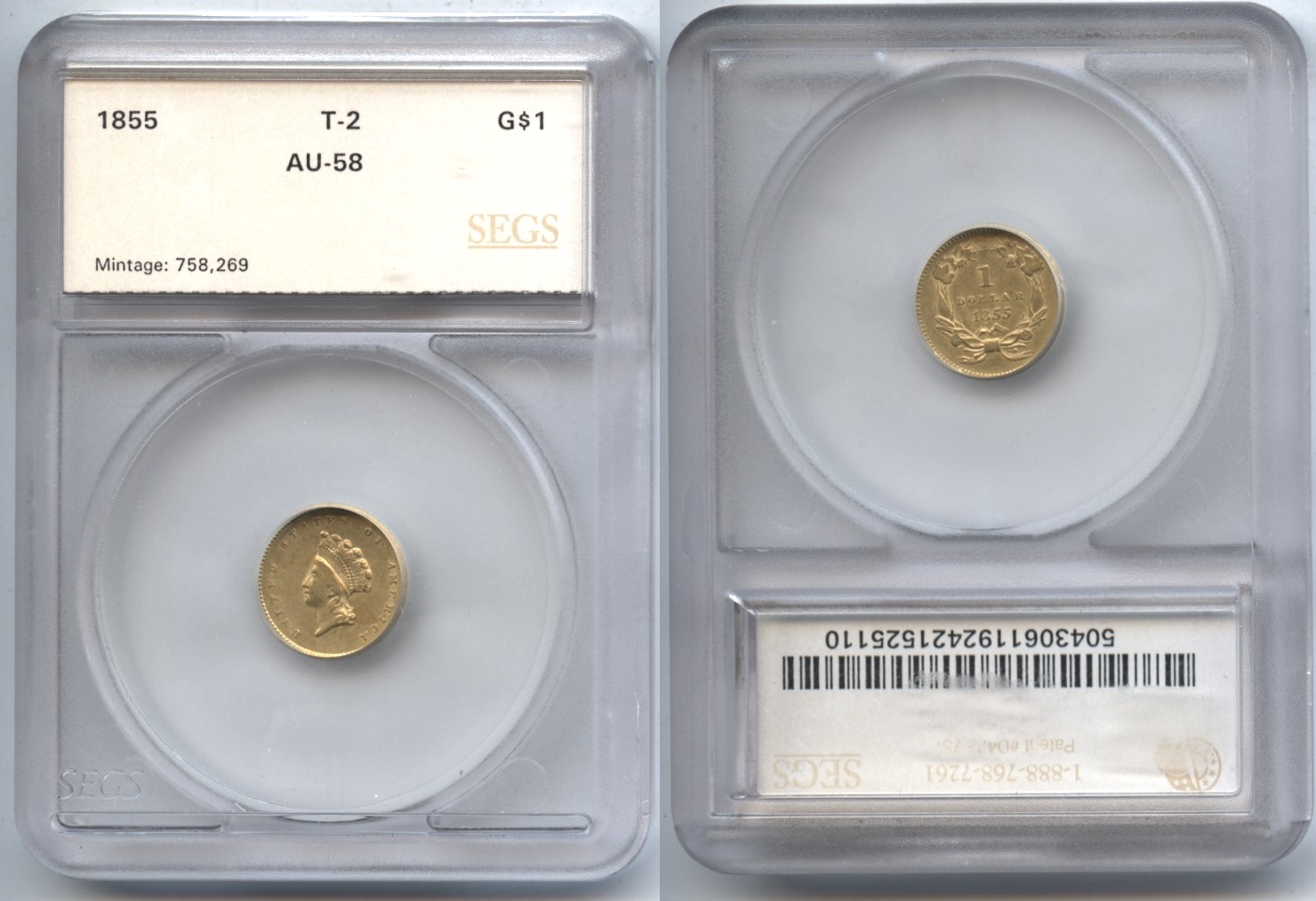 1855 Type 2 Gold Dollar SEGS AU-58