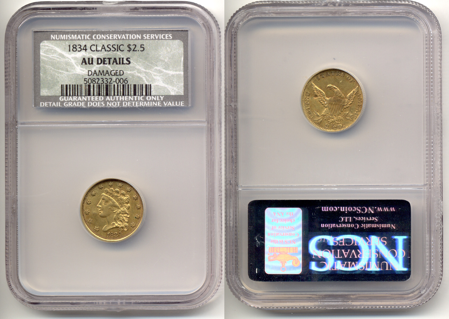 1834 Gold Quarter Eagle NCS AU Details