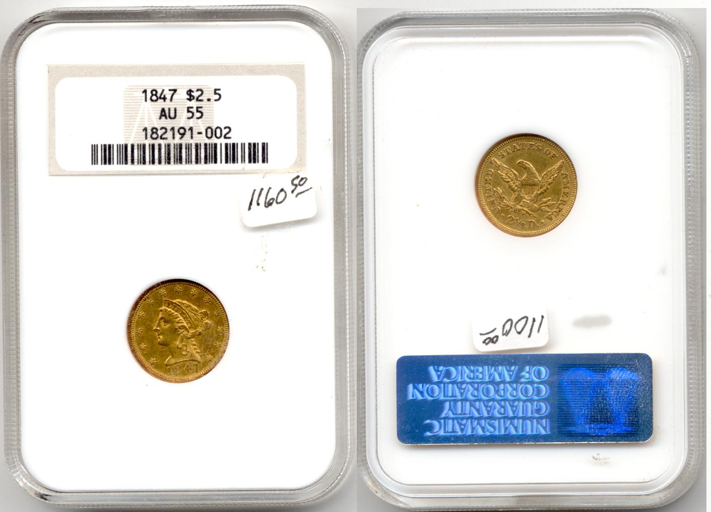 1847 Gold Quarter Eagle NGC AU-55