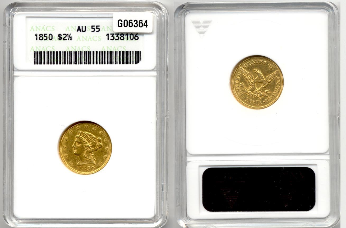 1850 $2.50 Gold Quarter Eagle ANACS AU-55