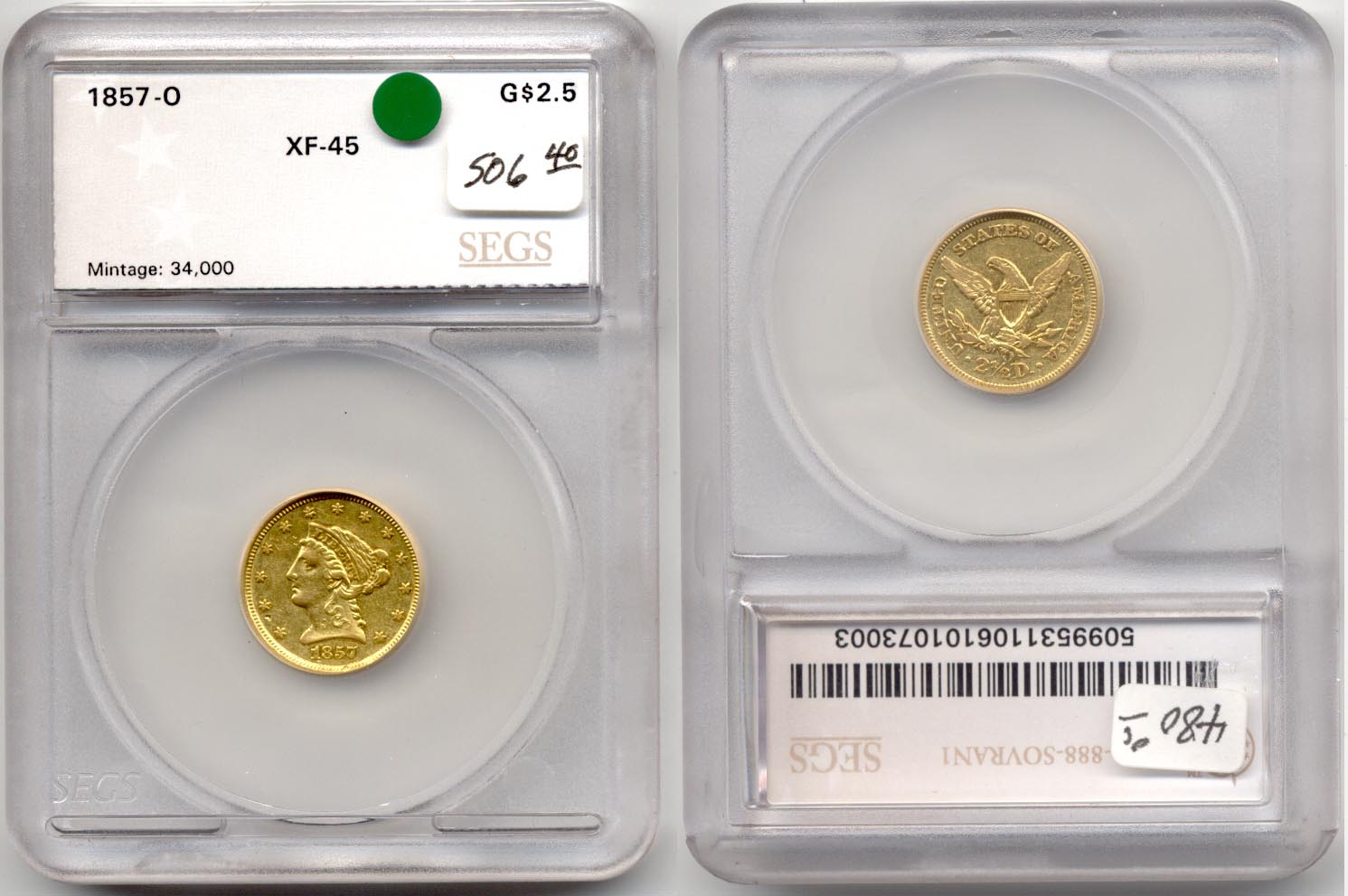 1857-O Gold Quarter Eagle SEGS EF-45