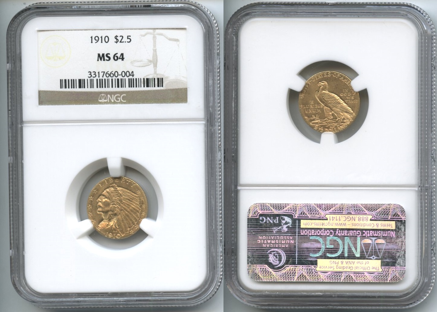1910 Indian Head Gold Quarter Eagle NGC MS-64