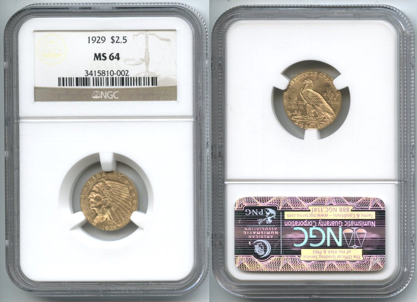 1929 Indian Head Gold Quarter Eagle NGC MS-64