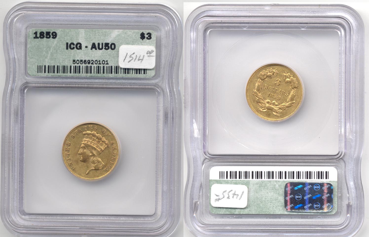 1859 Three Dollar Gold Piece ICG AU-50