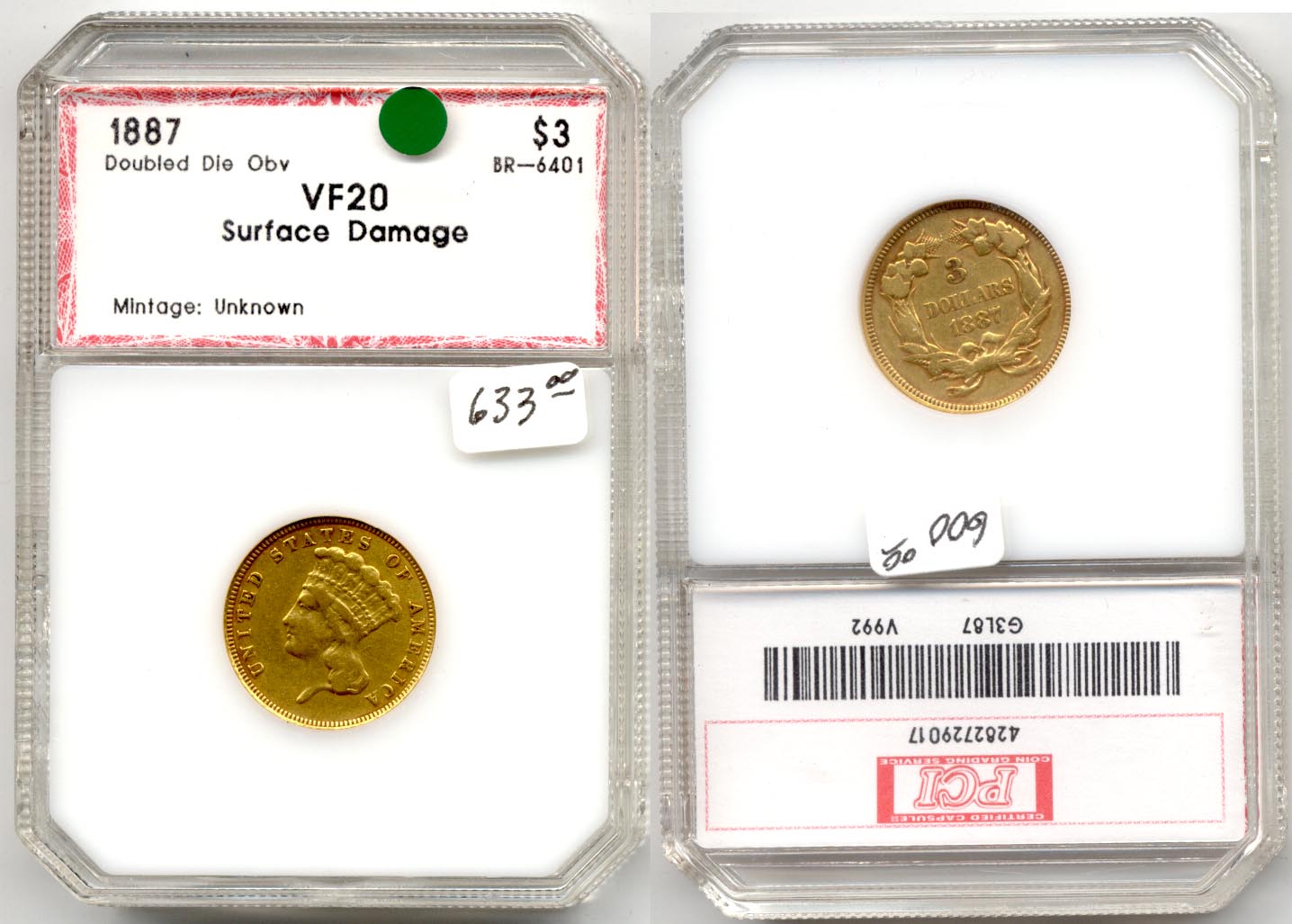 1887 Three Dollar Gold Piece PCI VF-20
