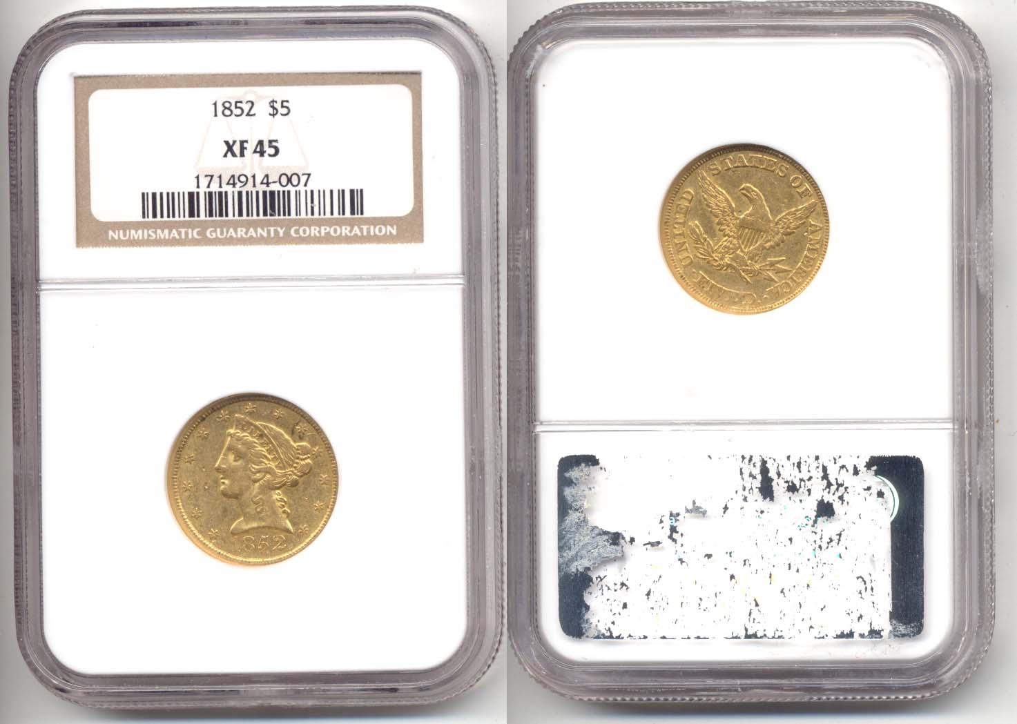 1852 Gold $5.00 Half Eagle NGC EF-45
