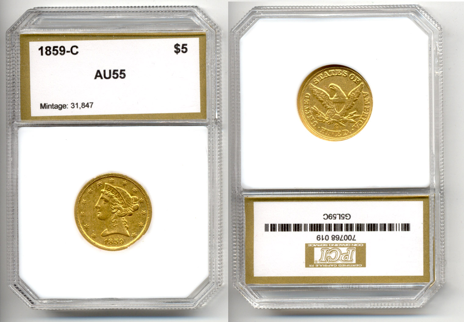 1859-C Gold Half Eagle PCI AU-55