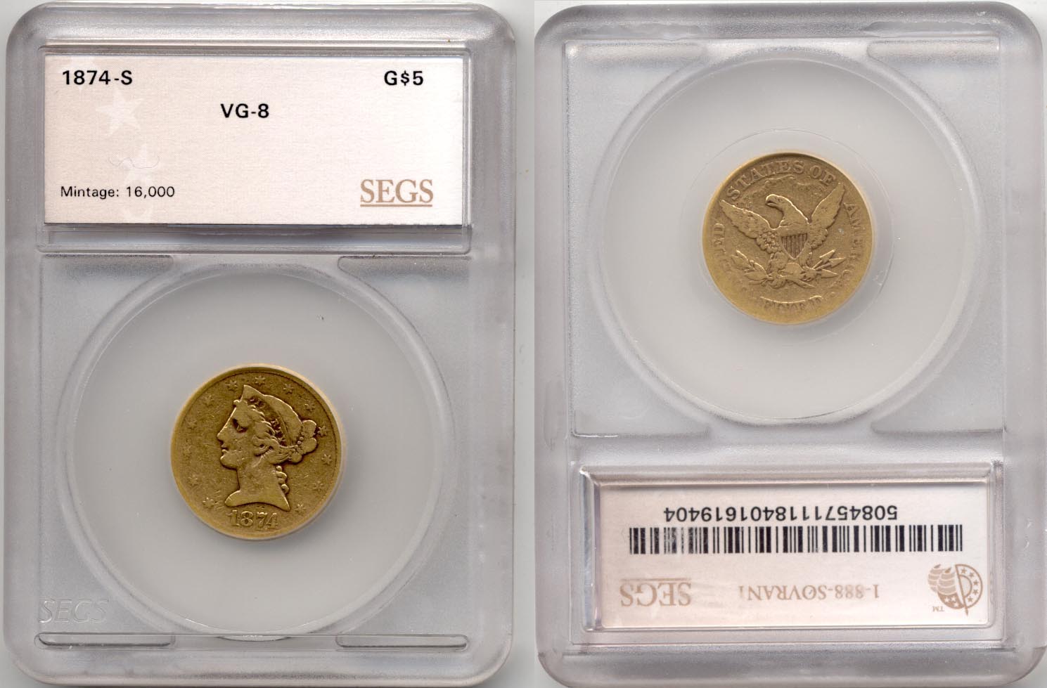 1874-S $5.00 Gold Half Eagle SEGS VG-8