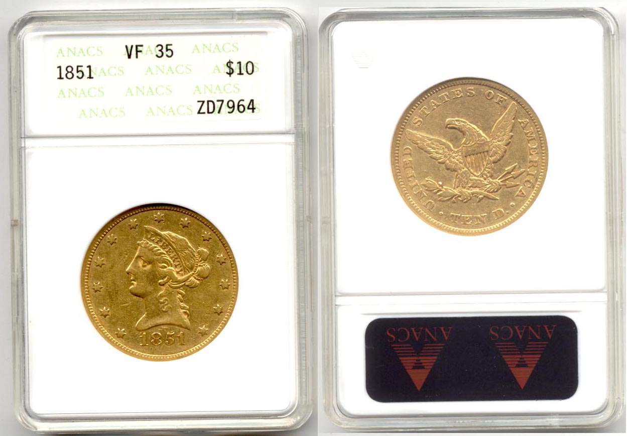 1851 Gold $10.00 Eagle ANACS VF-35