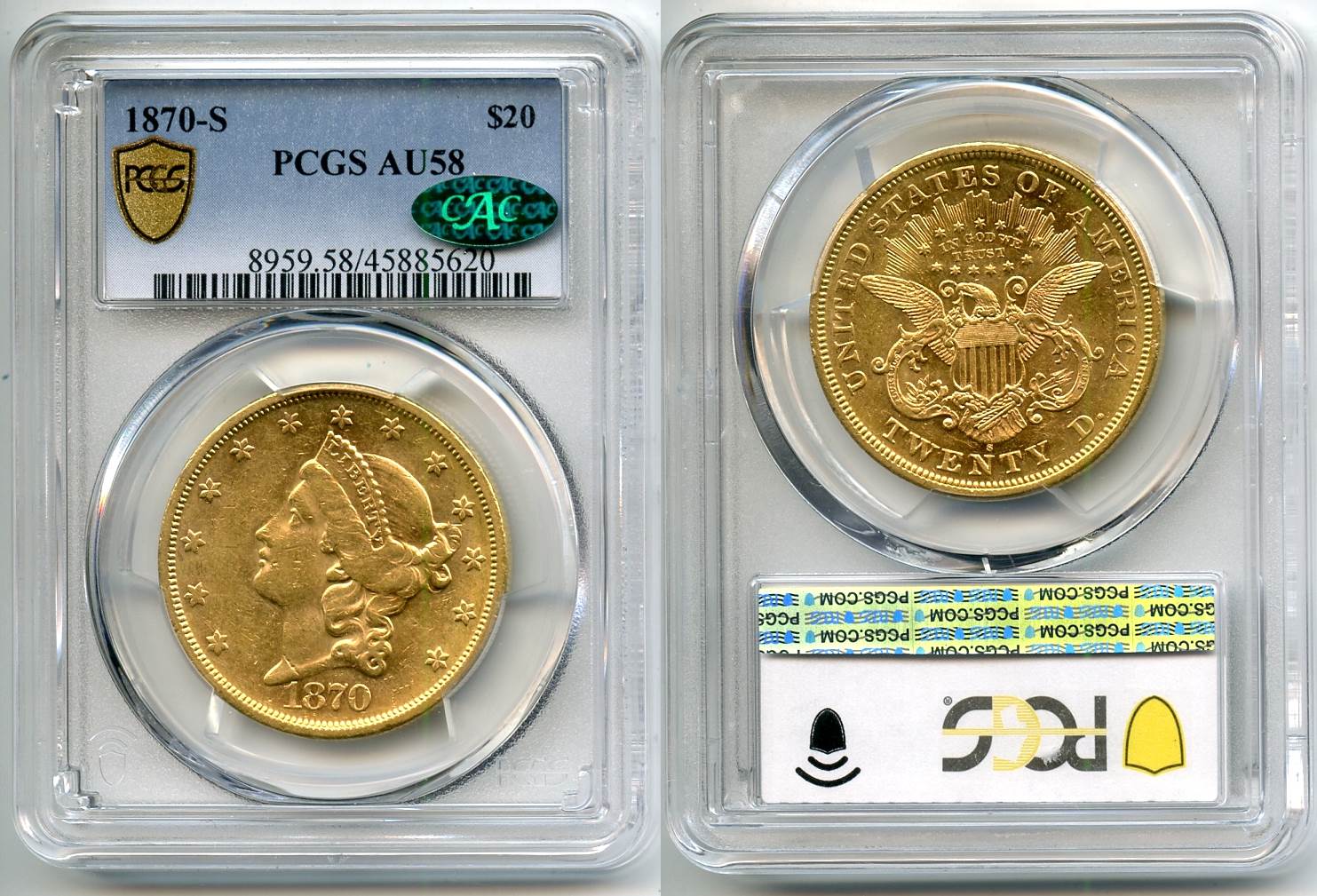 1870-S Gold $20.00 Double Eagle PCGS AU-58 CAC