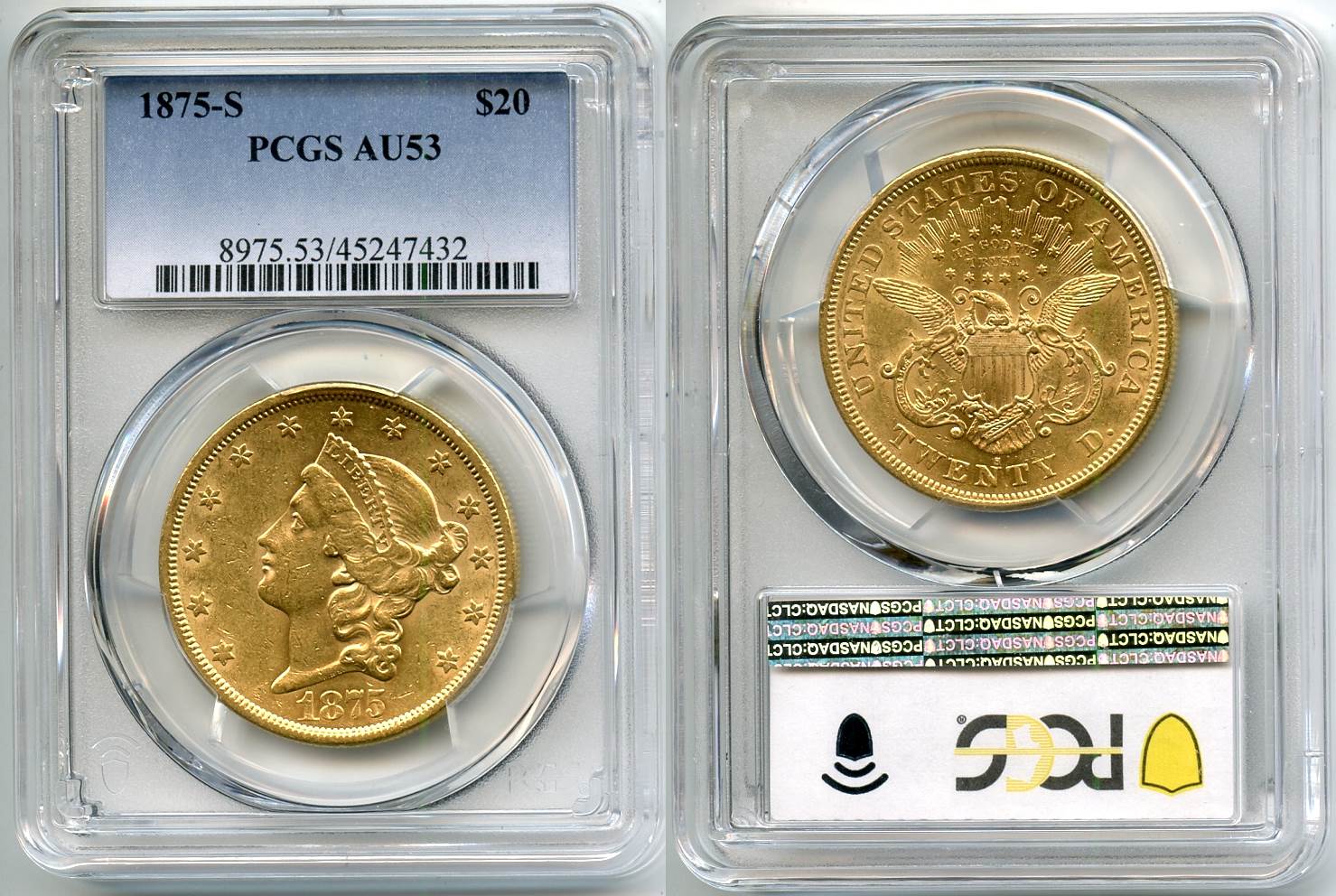 1875-S Gold $20.00 Double Eagle PCGS AU-53