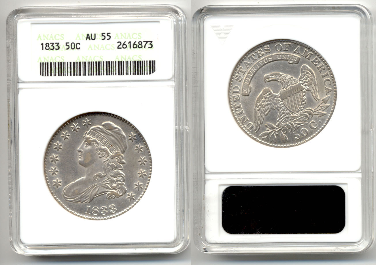 1833 Capped Bust Half Dollar in ANACS AU-55