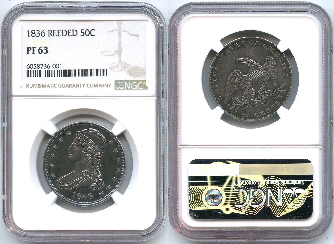 1836 Reeded Edge Capped Bust Half Dollar NGC Proof-63