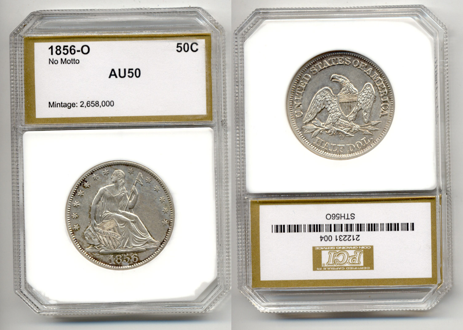 1856-O Seated Liberty Half Dollar in PCI AU-50