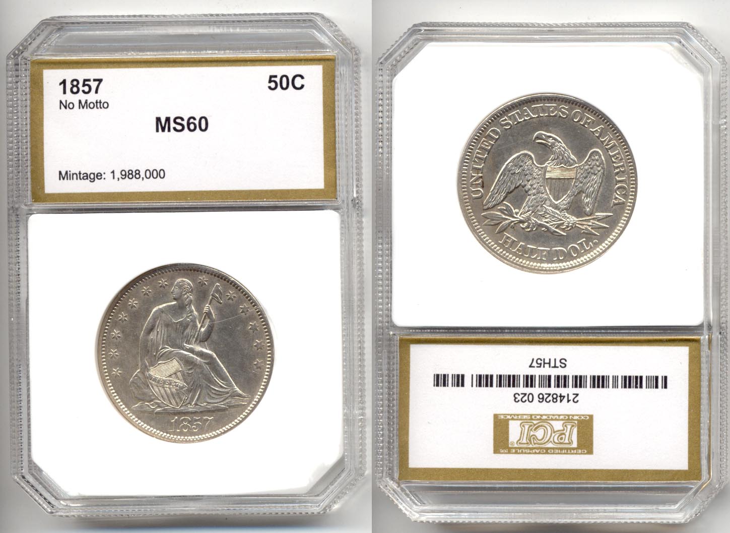 1857 Seated Liberty Half Dollar PCI MS-60