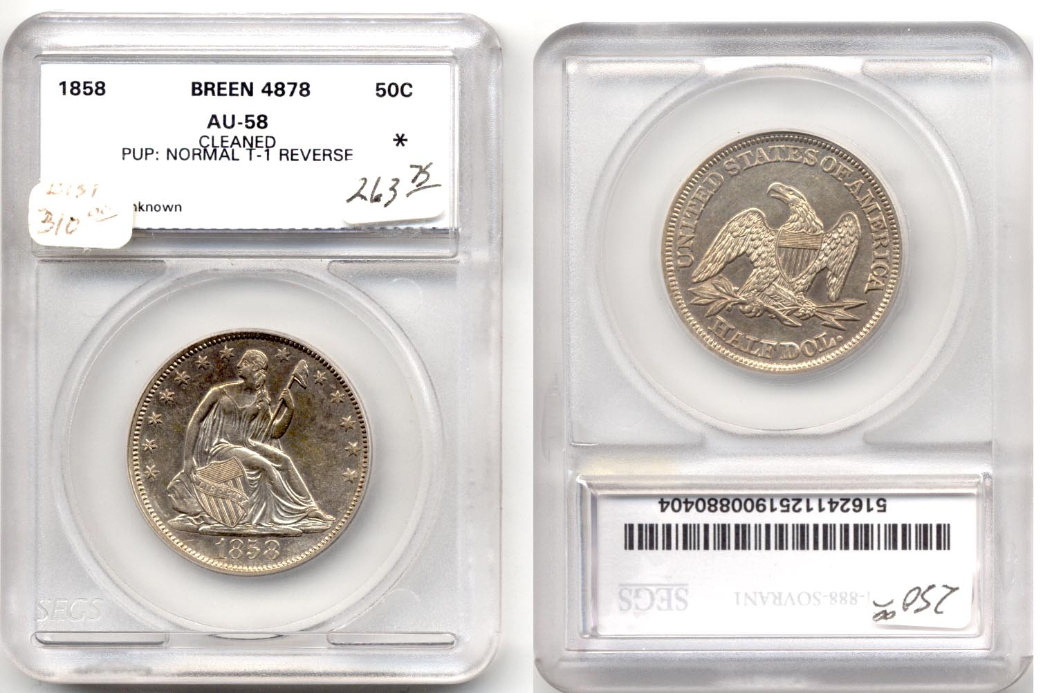 1858 Seated Liberty Half Dollar SEGS AU-58 Cleaned