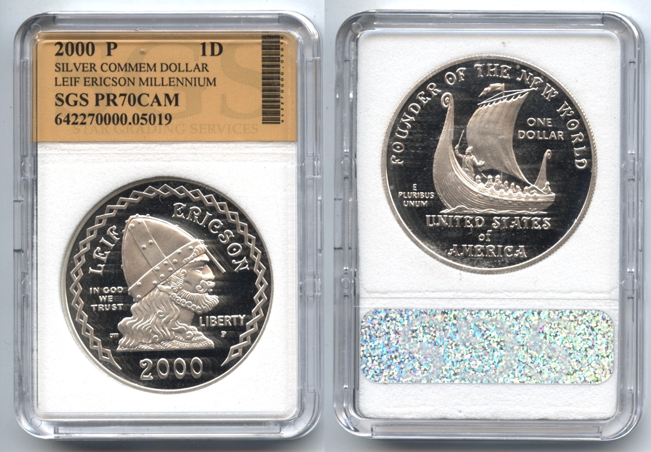 2000-P Leif Ericson Millennium Commemorative Silver Dollar SGS Proof-70