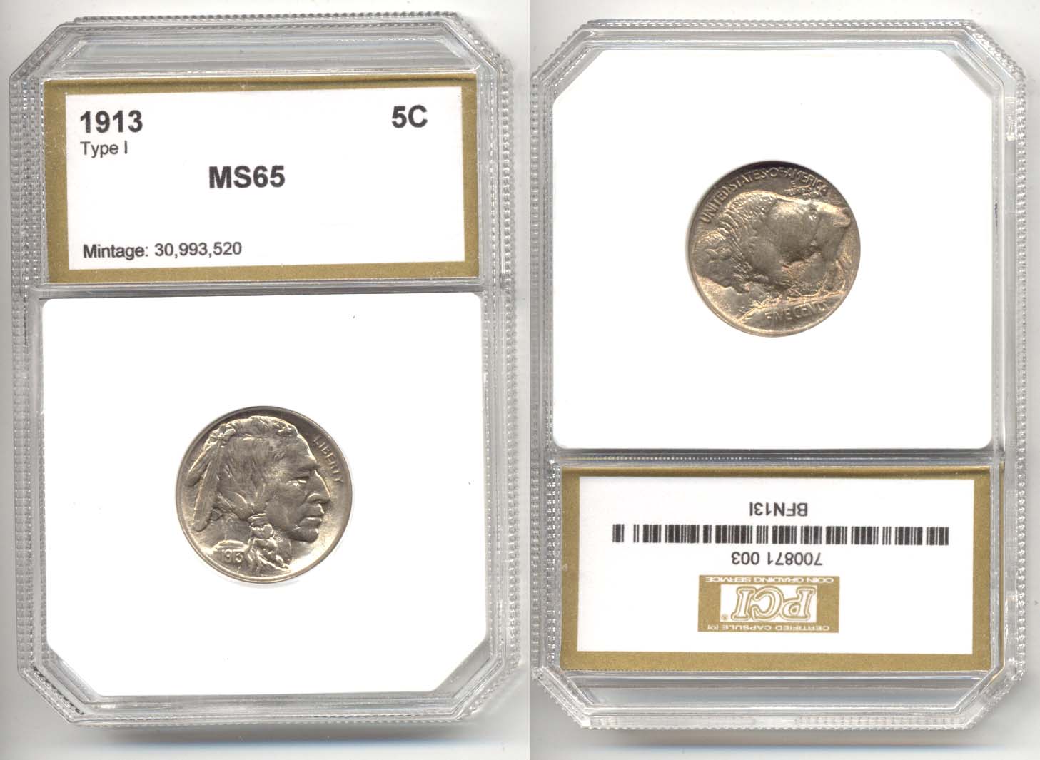 1913 Type 1 Buffalo Nickel PCI MS-65