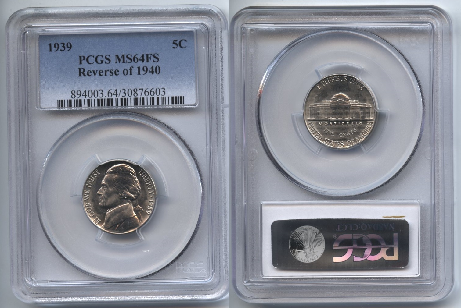 1939 Jefferson Nickel PCGS MS-64 FS Reverse of 1940